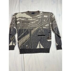 Vintage Crossings Bachrach Mens Bridge Sailboat Scenic Knit Sweater Grey Brown